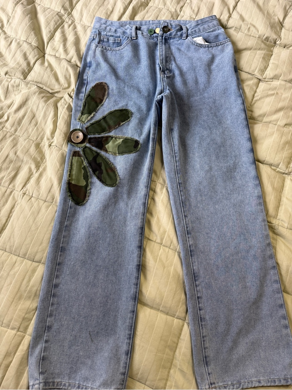 Upcycled Women’s Jeans with Camouflage Flower Appliqué